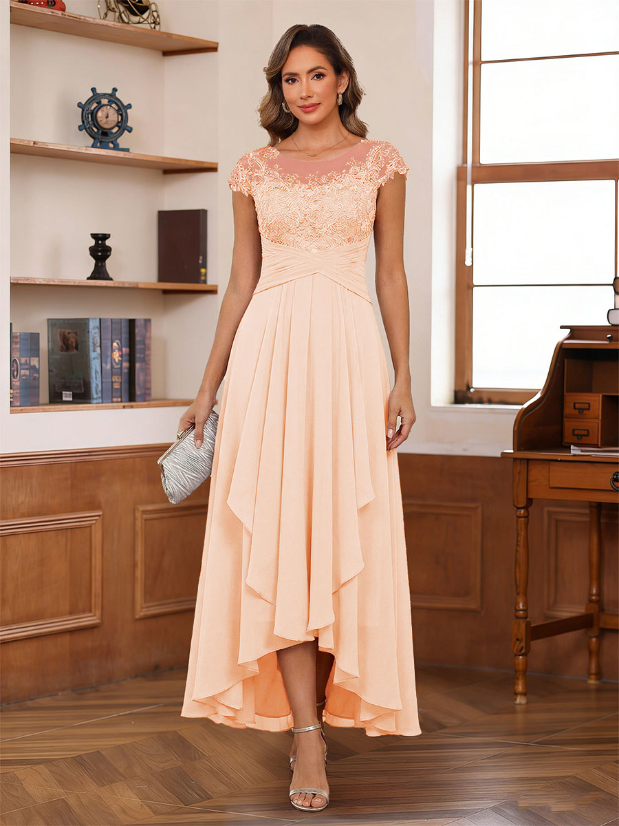 A-Line/Princess Scoop Short Sleeves Ankle-Length Mother of the Bride Dresses with Lace &amp; Applique
