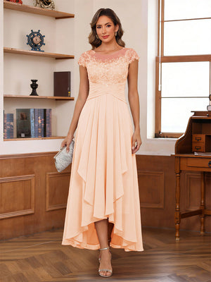 A-Line/Princess Scoop Short Sleeves Ankle-Length Mother of the Bride Dresses with Lace & Applique