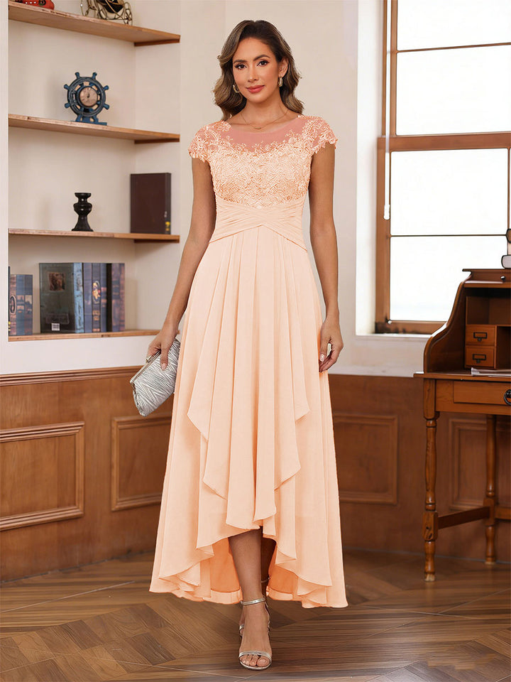 A-Line/Princess Scoop Short Sleeves Ankle-Length Mother of the Bride Dresses with Lace &amp; Applique