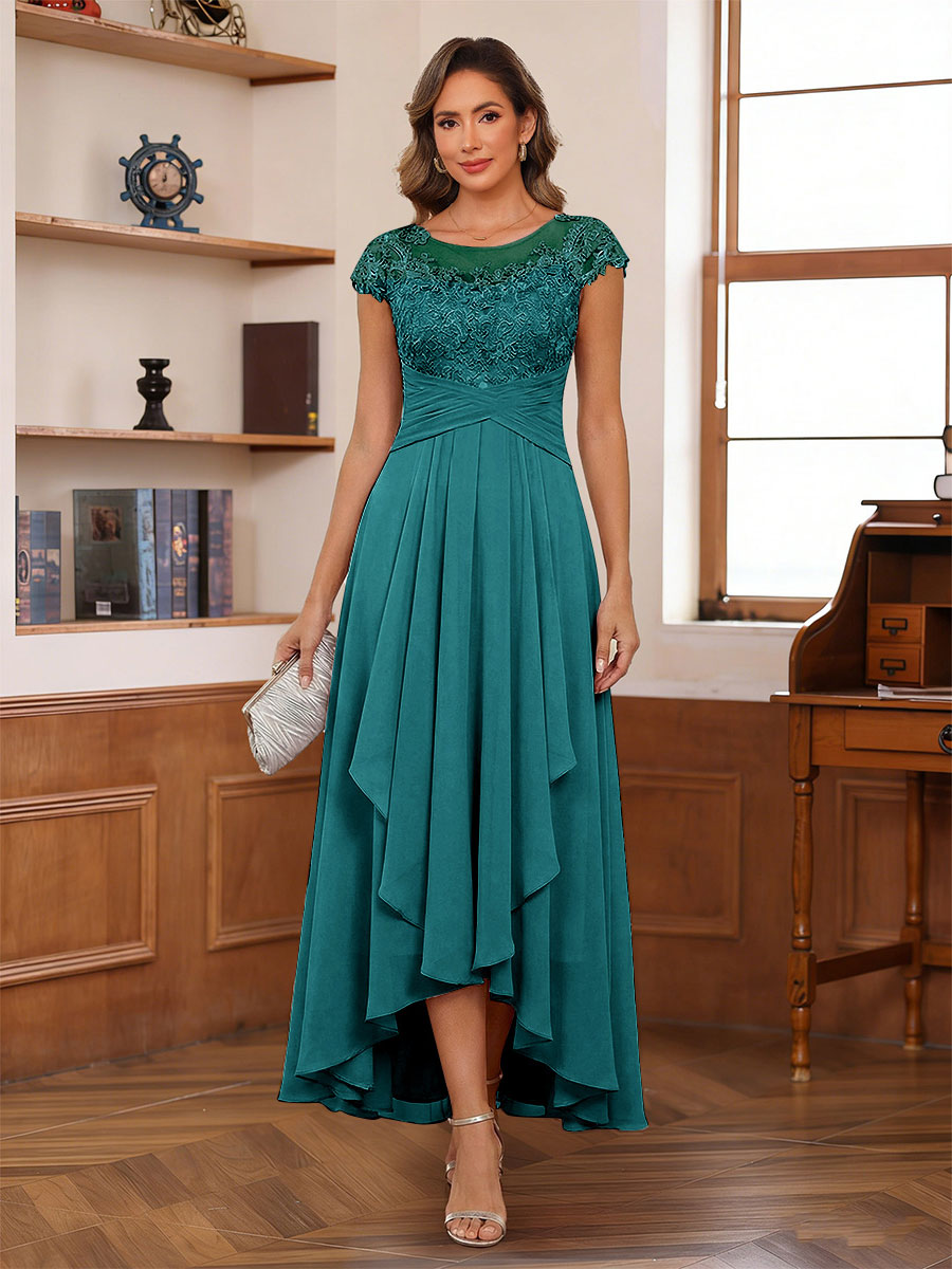 A-Line/Princess Scoop Short Sleeves Ankle-Length Mother of the Bride Dresses with Lace &amp; Applique