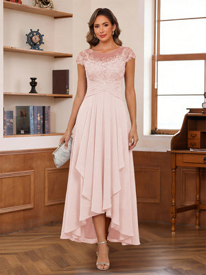 A-Line/Princess Scoop Short Sleeves Ankle-Length Mother of the Bride Dresses with Lace & Applique
