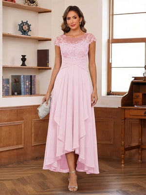 A-Line/Princess Scoop Short Sleeves Ankle-Length Mother of the Bride Dresses with Lace & Applique