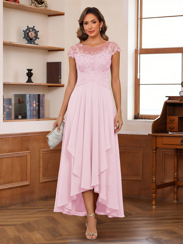 A-Line/Princess Scoop Short Sleeves Ankle-Length Mother of the Bride Dresses with Lace &amp; Applique