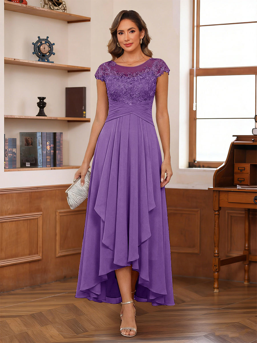 A-Line/Princess Scoop Short Sleeves Ankle-Length Mother of the Bride Dresses with Lace &amp; Applique
