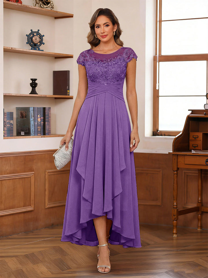 A-Line/Princess Scoop Short Sleeves Ankle-Length Mother of the Bride Dresses with Lace &amp; Applique