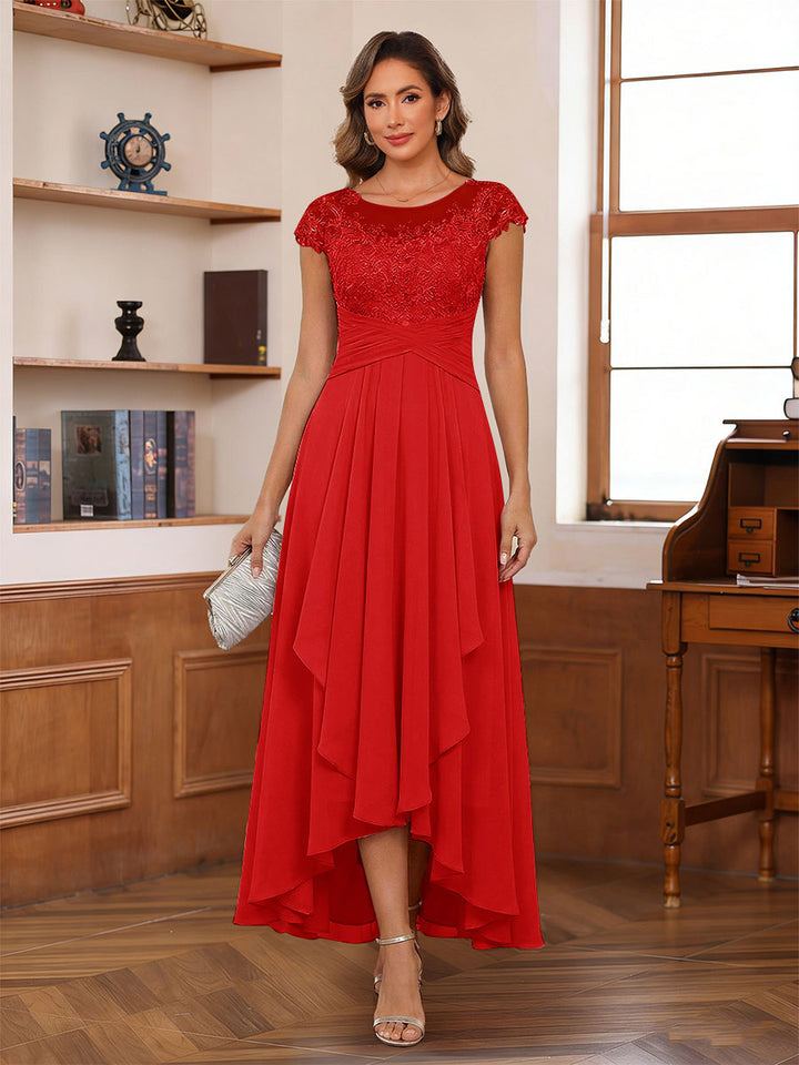 A-Line/Princess Scoop Short Sleeves Ankle-Length Mother of the Bride Dresses with Lace &amp; Applique