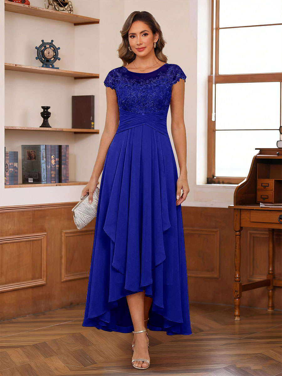 A-Line/Princess Scoop Short Sleeves Ankle-Length Mother of the Bride Dresses with Lace &amp; Applique