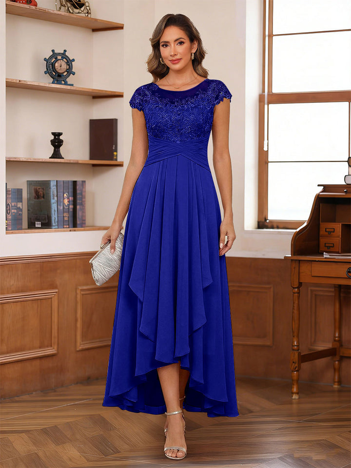 A-Line/Princess Scoop Short Sleeves Ankle-Length Mother of the Bride Dresses with Lace &amp; Applique