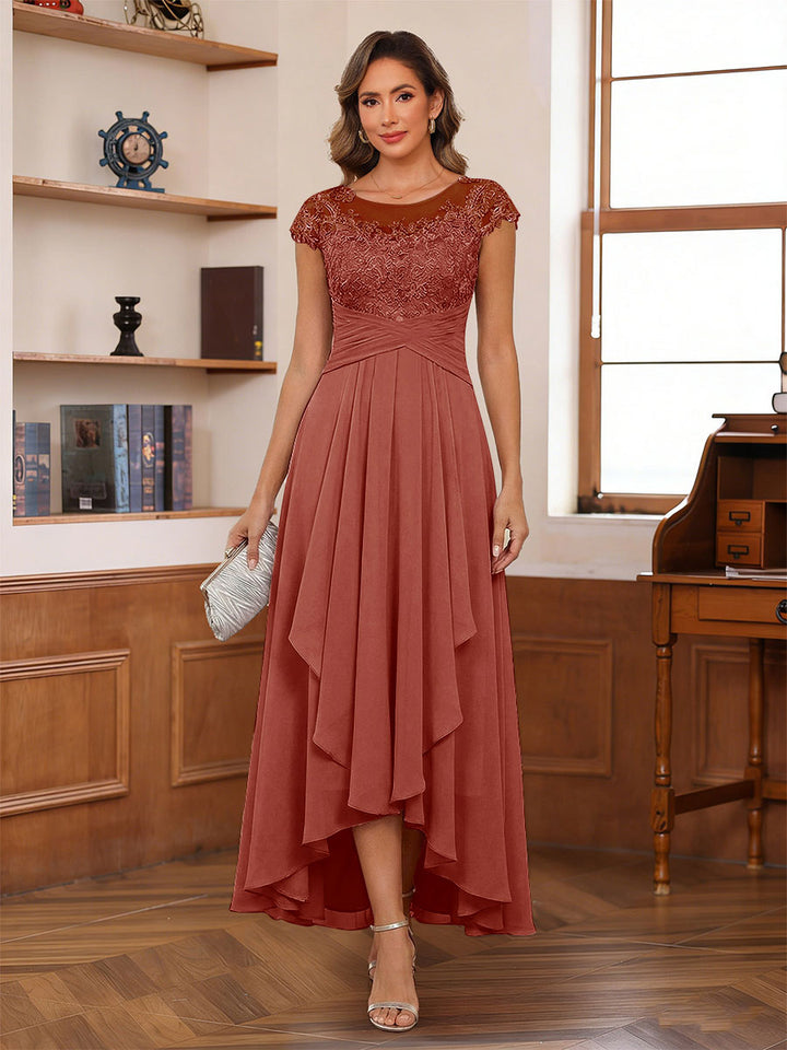 A-Line/Princess Scoop Short Sleeves Ankle-Length Mother of the Bride Dresses with Lace &amp; Applique