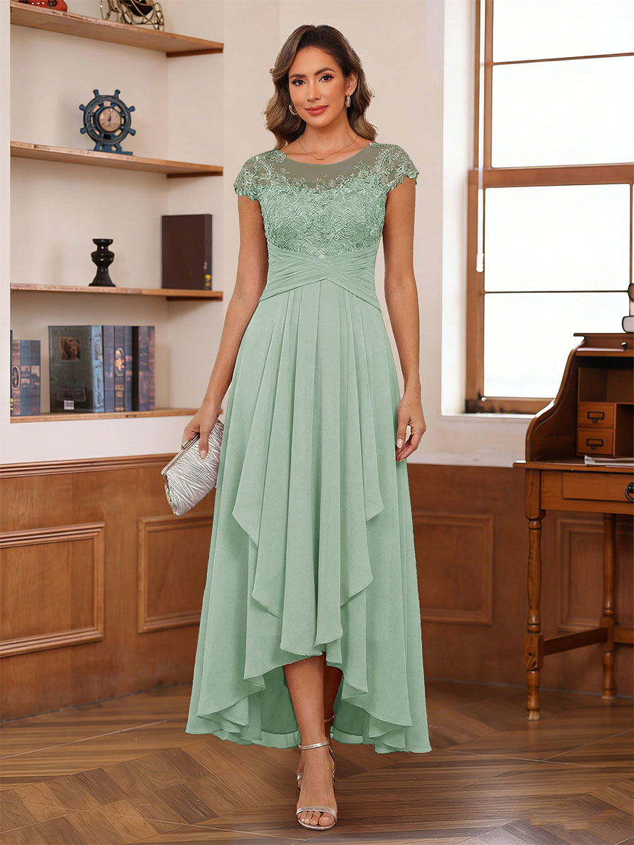 A-Line/Princess Scoop Short Sleeves Ankle-Length Mother of the Bride Dresses with Lace &amp; Applique