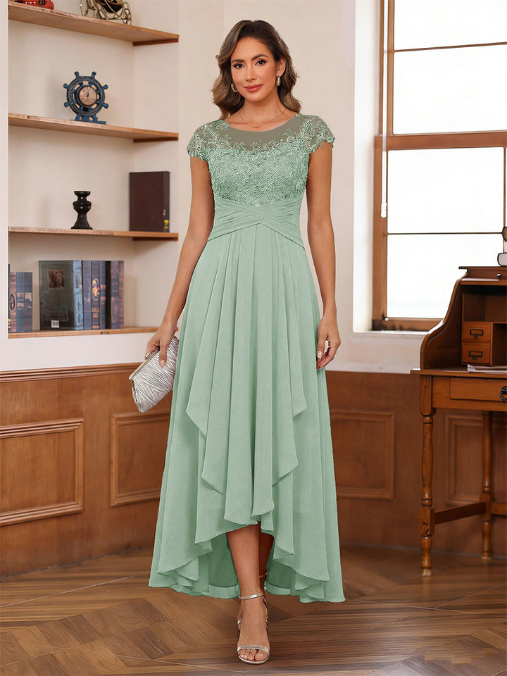 A-Line/Princess Scoop Short Sleeves Ankle-Length Mother of the Bride Dresses with Lace &amp; Applique