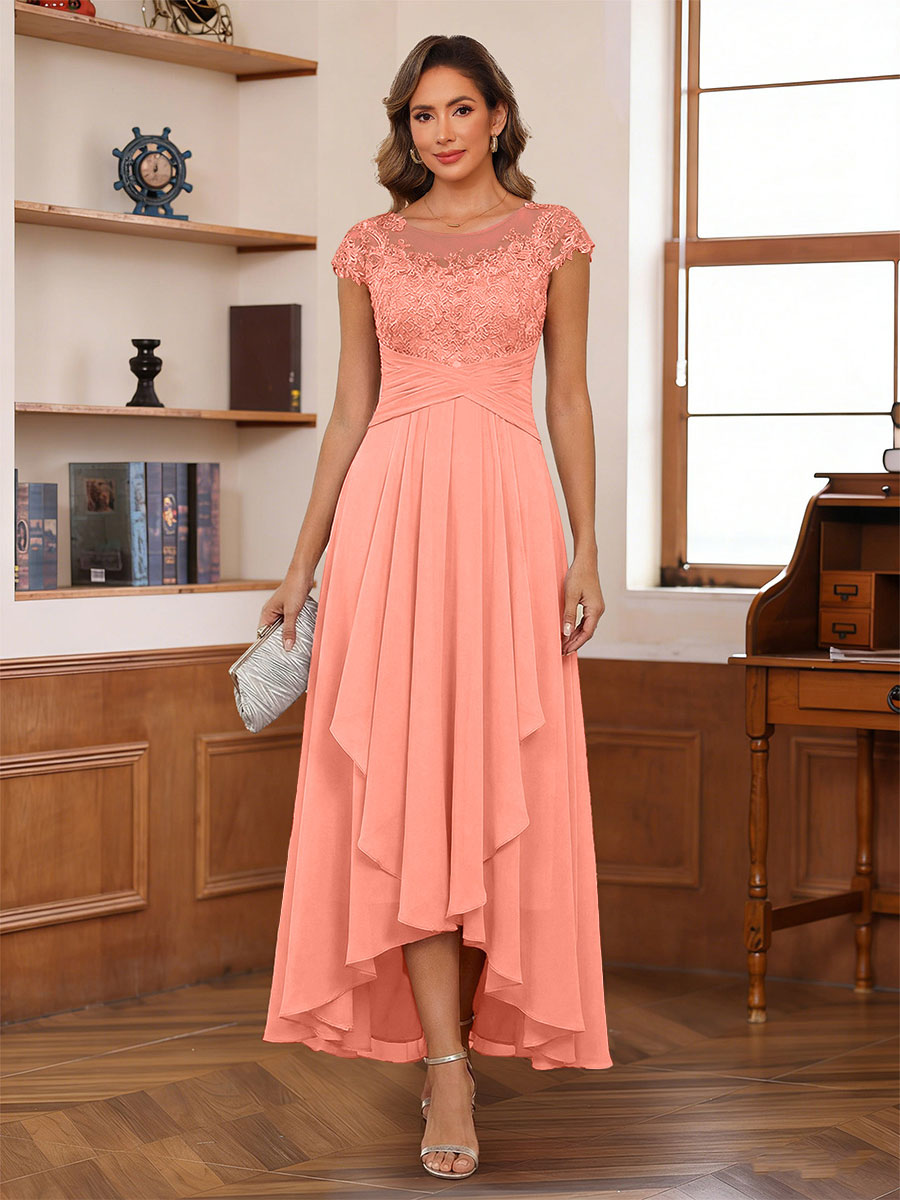 A-Line/Princess Scoop Short Sleeves Ankle-Length Mother of the Bride Dresses with Lace &amp; Applique