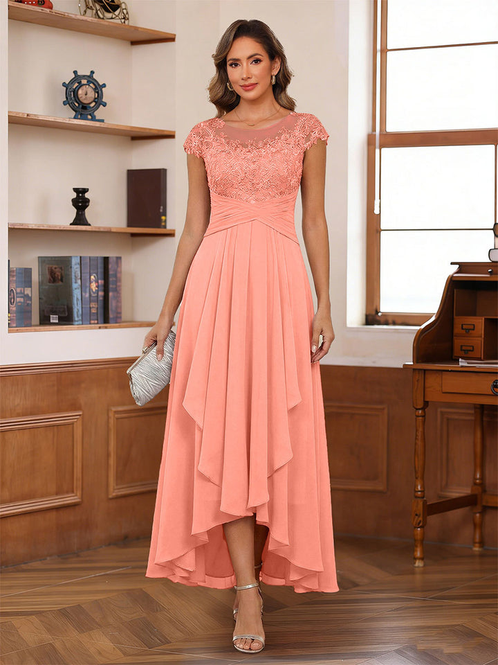 A-Line/Princess Scoop Short Sleeves Ankle-Length Mother of the Bride Dresses with Lace &amp; Applique