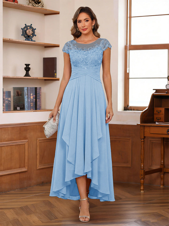 A-Line/Princess Scoop Short Sleeves Ankle-Length Mother of the Bride Dresses with Lace &amp; Applique
