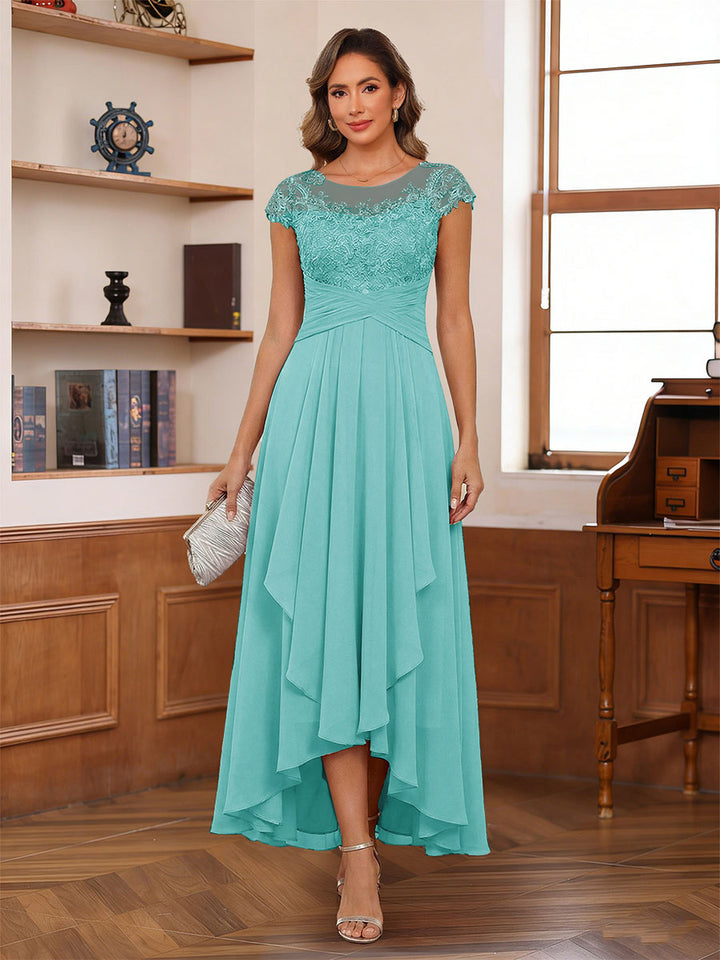 A-Line/Princess Scoop Short Sleeves Ankle-Length Mother of the Bride Dresses with Lace &amp; Applique