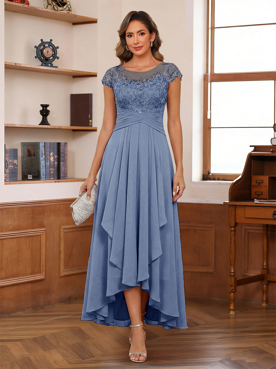 A-Line/Princess Scoop Short Sleeves Ankle-Length Mother of the Bride Dresses with Lace &amp; Applique