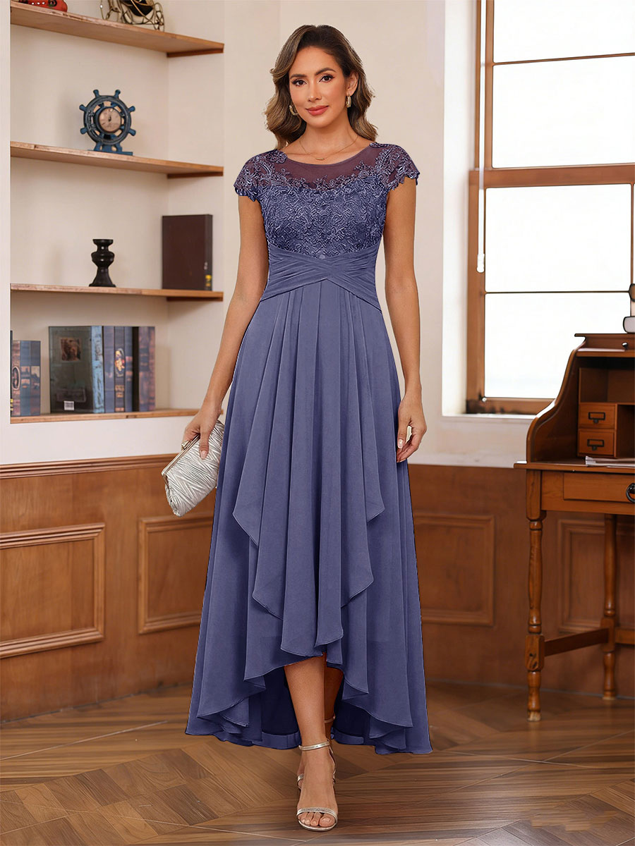 A-Line/Princess Scoop Short Sleeves Ankle-Length Mother of the Bride Dresses with Lace &amp; Applique