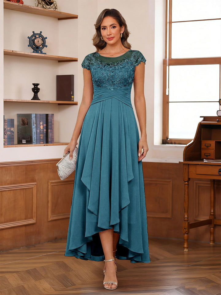 A-Line/Princess Scoop Short Sleeves Ankle-Length Mother of the Bride Dresses with Lace &amp; Applique