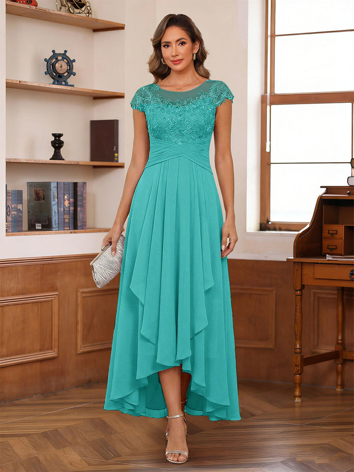 A-Line/Princess Scoop Short Sleeves Ankle-Length Mother of the Bride Dresses with Lace &amp; Applique