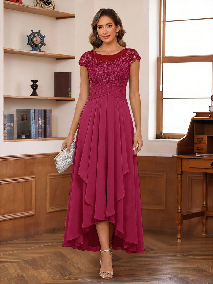 A-Line/Princess Scoop Short Sleeves Ankle-Length Mother of the Bride Dresses with Lace &amp; Applique