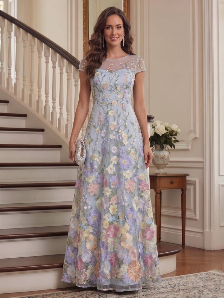 A-Line/Princess Scoop Short Sleeves Chiffon Floral Mother of the Bride Dresses with Appliques
