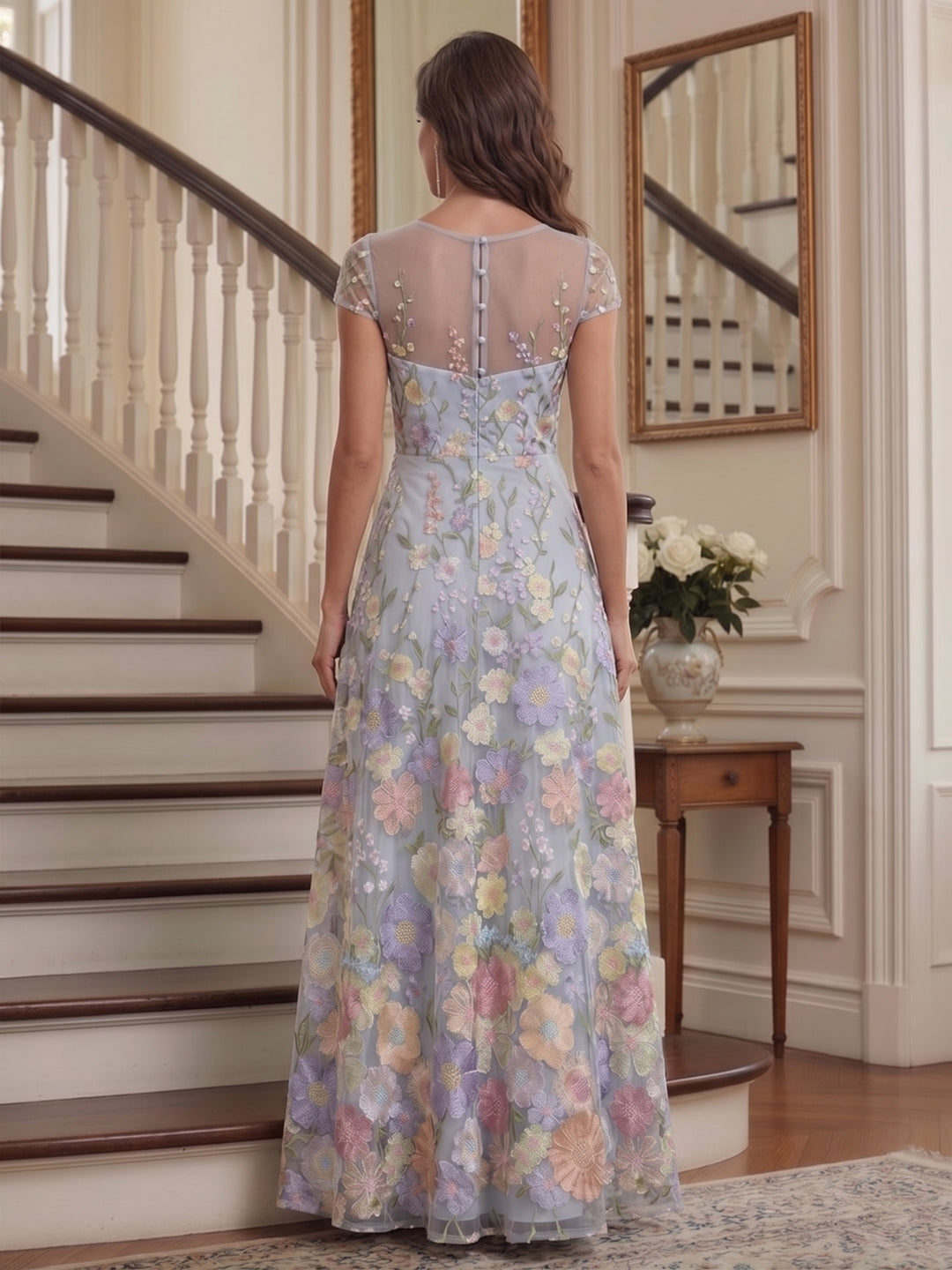 Lavetir Mulberry A-Line/Princess Scoop Short Sleeves Chiffon Floral Mother of the Bride Dresses with Appliques 2026