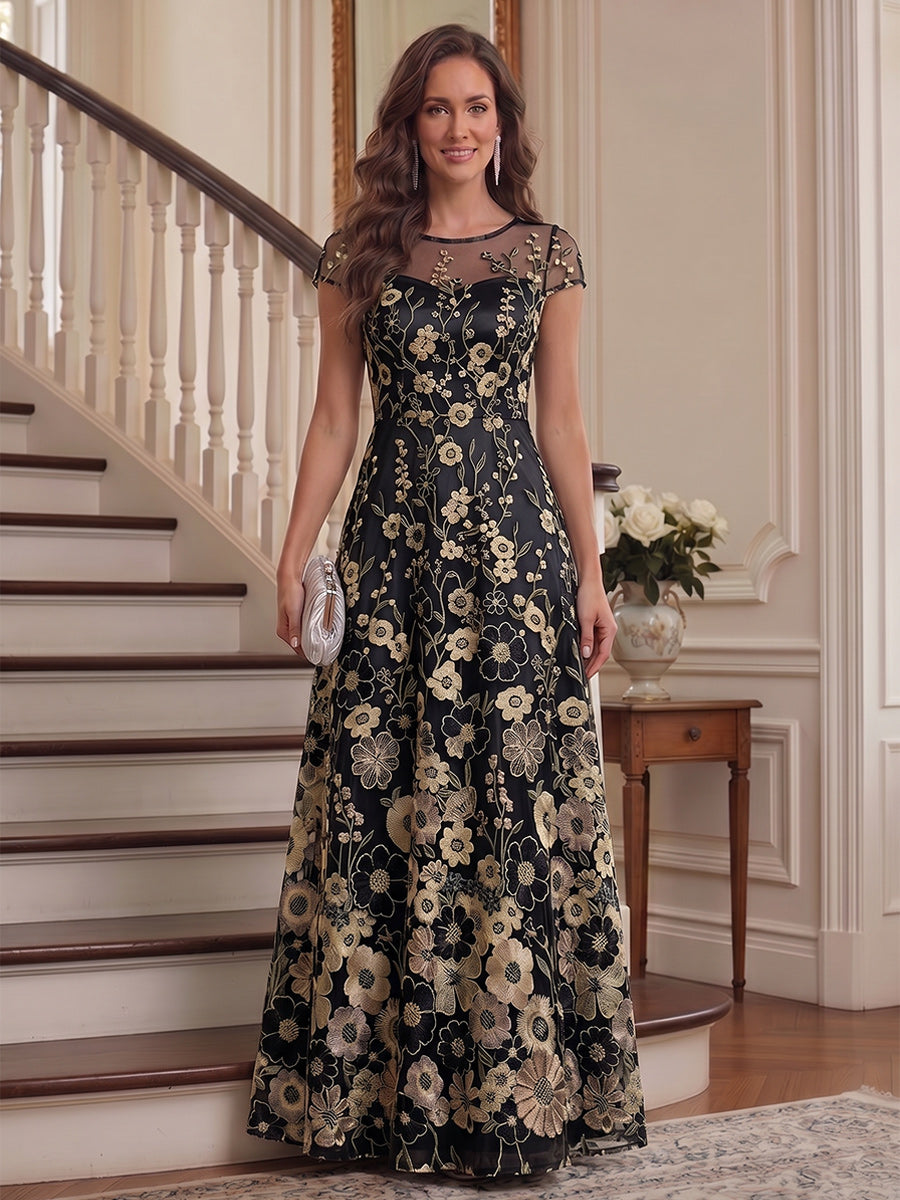 Lavetir Black A-Line/Princess Scoop Short Sleeves Chiffon Floral Mother of the Bride Dresses with Appliques 2026