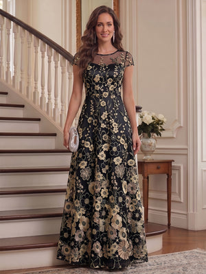 A-Line/Princess Scoop Short Sleeves Chiffon Floral Mother of the Bride Dresses with Appliques