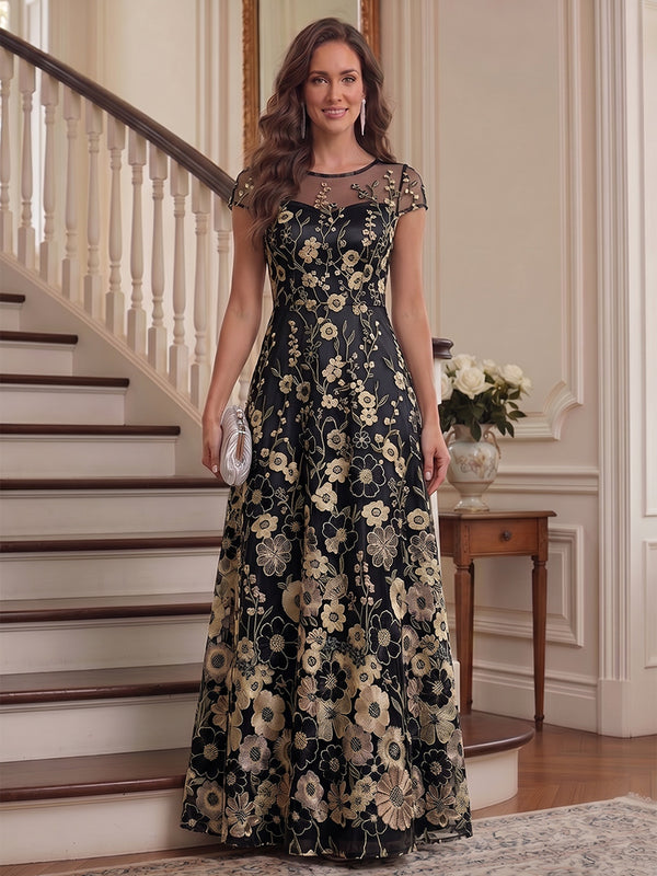 A-Line/Princess Scoop Short Sleeves Chiffon Floral Mother of the Bride Dresses with Appliques