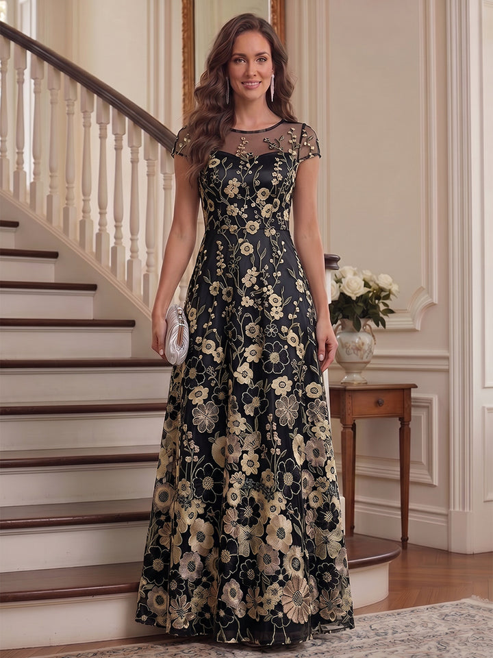 A-Line/Princess Scoop Short Sleeves Chiffon Floral Mother of the Bride Dresses with Appliques