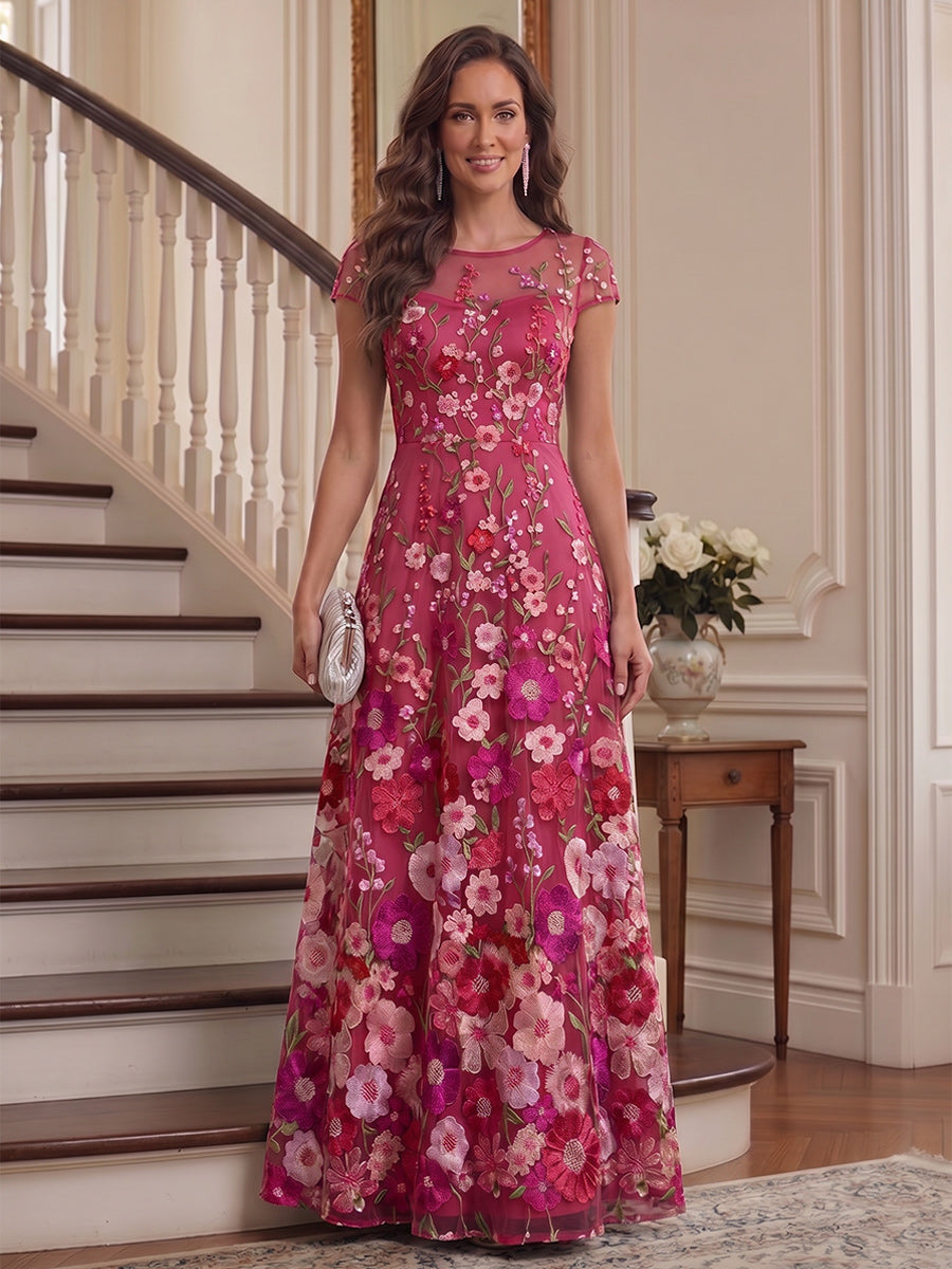 A-Line/Princess Scoop Short Sleeves Chiffon Floral Mother of the Bride Dresses with Appliques