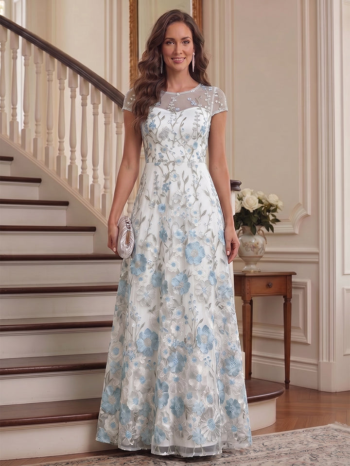 A-Line/Princess Scoop Short Sleeves Chiffon Floral Mother of the Bride Dresses with Appliques