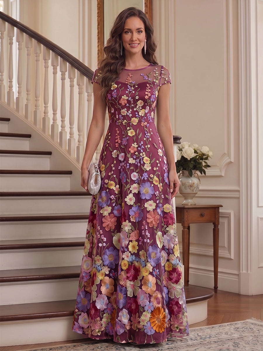 A-Line/Princess Scoop Short Sleeves Chiffon Floral Mother of the Bride Dresses with Appliques