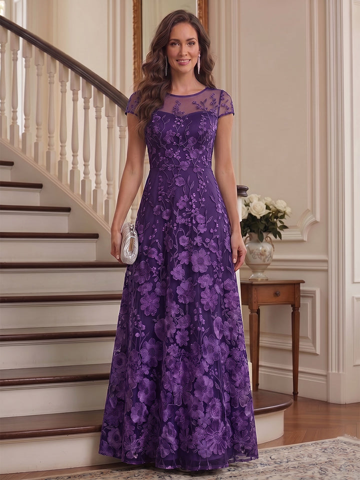 A-Line/Princess Scoop Short Sleeves Chiffon Floral Mother of the Bride Dresses with Appliques
