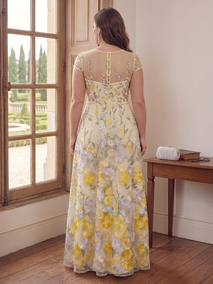 A-Line/Princess Scoop Short Sleeves Chiffon Floral Plus Size Mother of the Bride Dresses with Appliques