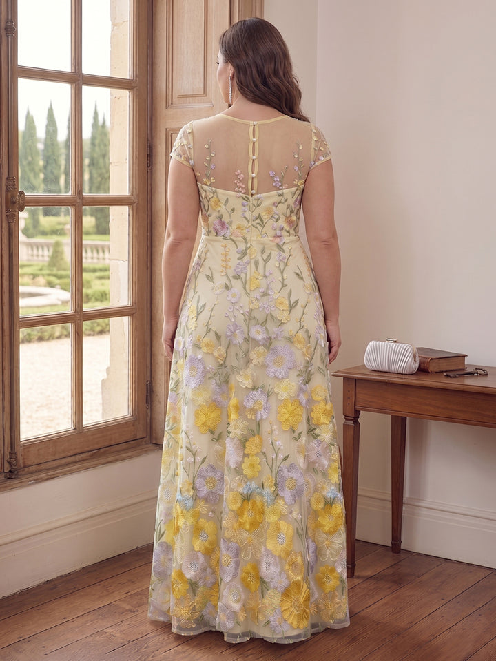A-Line/Princess Scoop Short Sleeves Chiffon Floral Plus Size Mother of the Bride Dresses with Appliques
