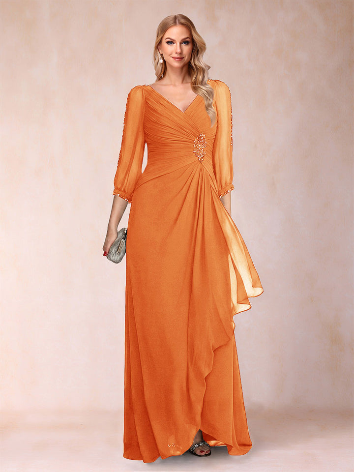 A-Line/Princess V-Neck 3/4 Sleeves Floor-Length Mother of the Bride Dresses with Ruched &amp; Beading