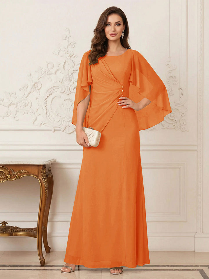 A-Line/Princess Scoop Half Sleeves Floor-Length Mother of the Bride Dresses with Ruched &amp; Split Side