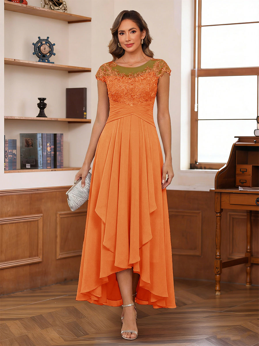 A-Line/Princess Scoop Short Sleeves Ankle-Length Mother of the Bride Dresses with Lace &amp; Applique