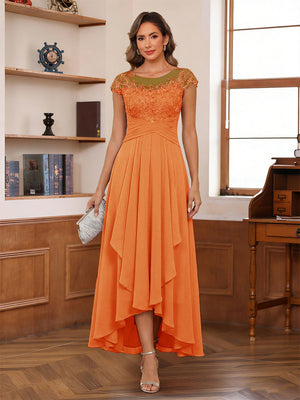 A-Line/Princess Scoop Short Sleeves Ankle-Length Mother of the Bride Dresses with Lace & Applique