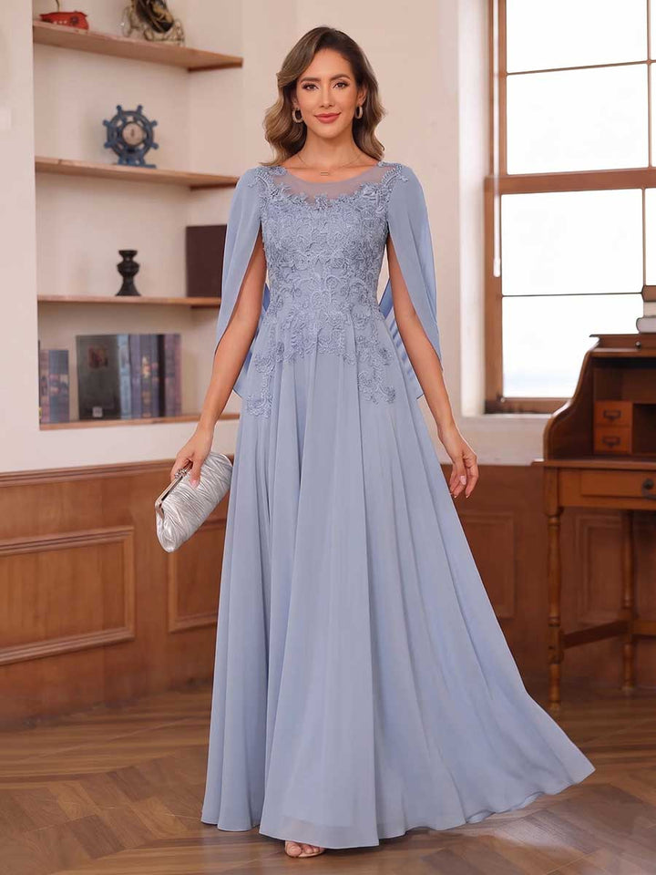 A-Line/Princess Illusion Scoop Chiffon Mother of the Bride Dresses with Appliques &amp; Cape