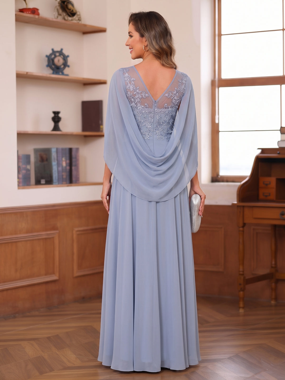A-Line/Princess Illusion Scoop Chiffon Mother of the Bride Dresses with Appliques &amp; Cape