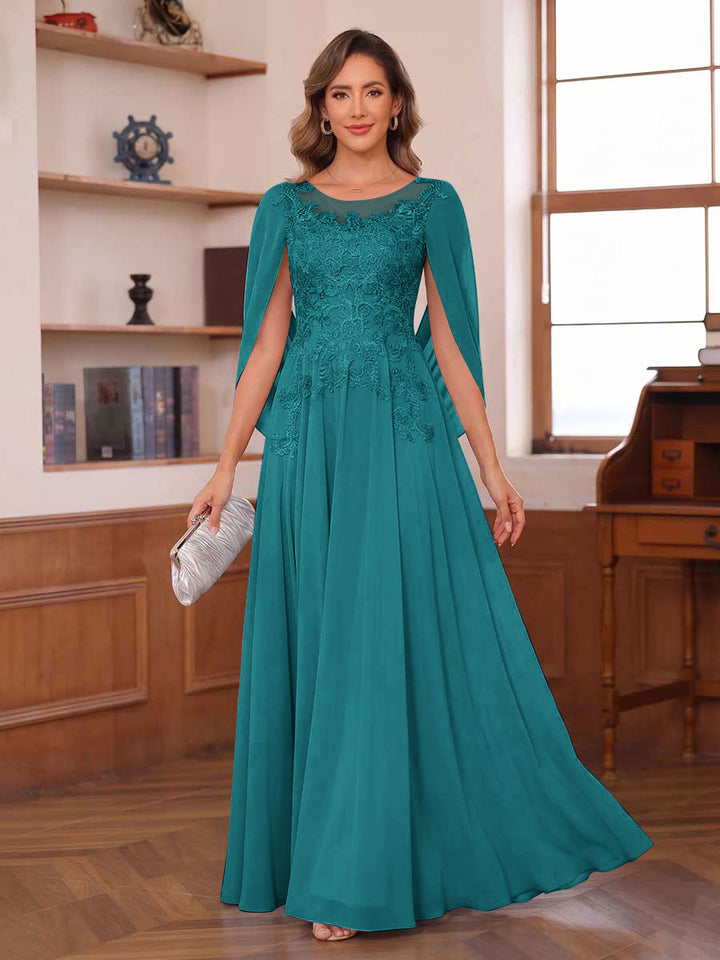 A-Line/Princess Illusion Scoop Chiffon Mother of the Bride Dresses with Appliques &amp; Cape