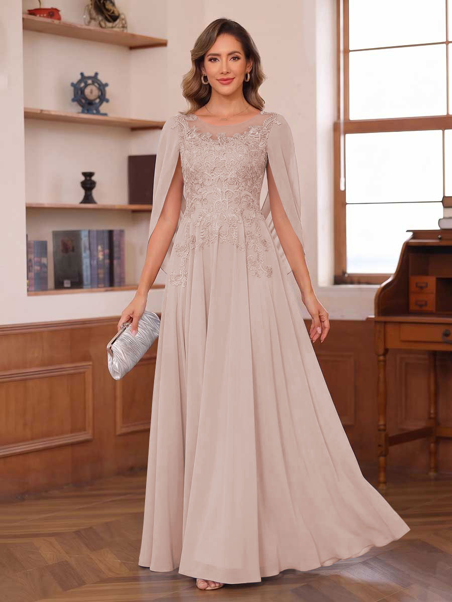 A-Line/Princess Illusion Scoop Chiffon Mother of the Bride Dresses with Appliques &amp; Cape