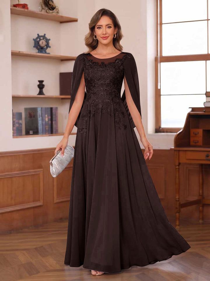 A-Line/Princess Illusion Scoop Chiffon Mother of the Bride Dresses with Appliques &amp; Cape