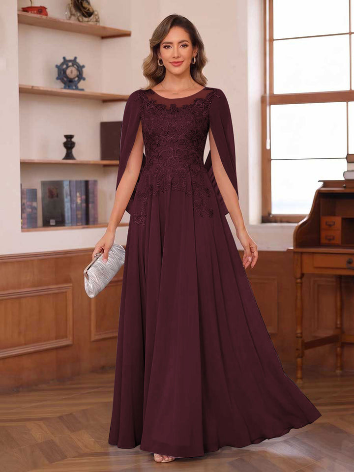 A-Line/Princess Illusion Scoop Chiffon Mother of the Bride Dresses with Appliques &amp; Cape