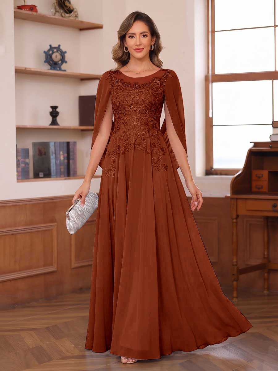 A-Line/Princess Illusion Scoop Chiffon Mother of the Bride Dresses with Appliques &amp; Cape