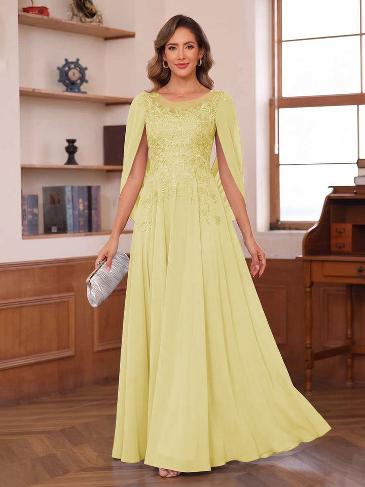 A-Line/Princess Illusion Scoop Chiffon Mother of the Bride Dresses with Appliques &amp; Cape
