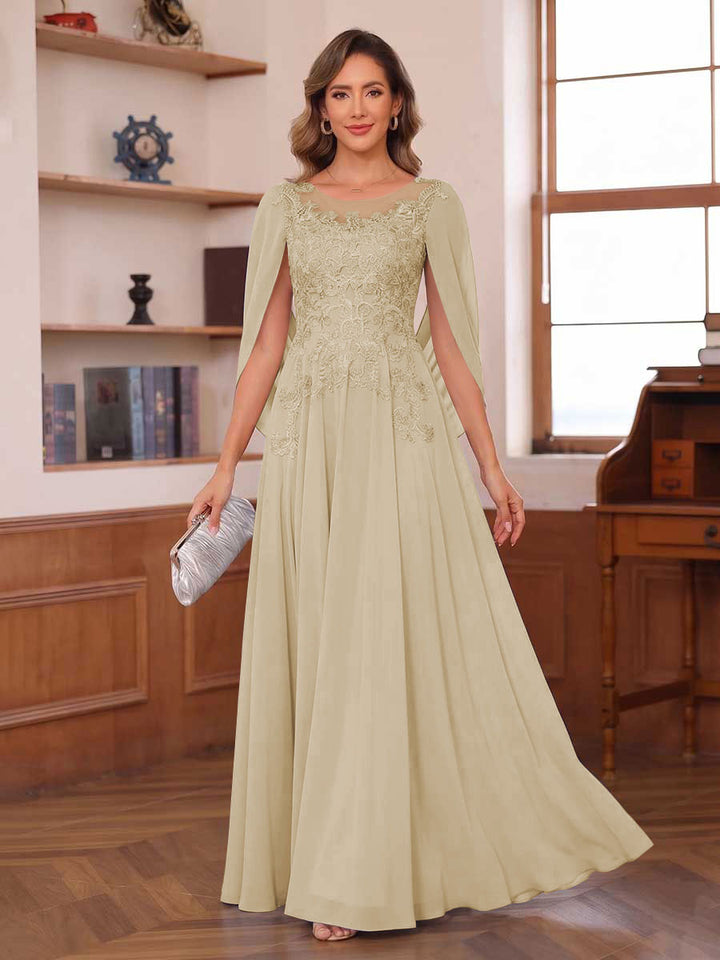 A-Line/Princess Illusion Scoop Chiffon Mother of the Bride Dresses with Appliques &amp; Cape