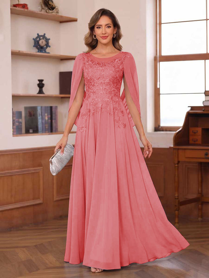 A-Line/Princess Illusion Scoop Chiffon Mother of the Bride Dresses with Appliques &amp; Cape